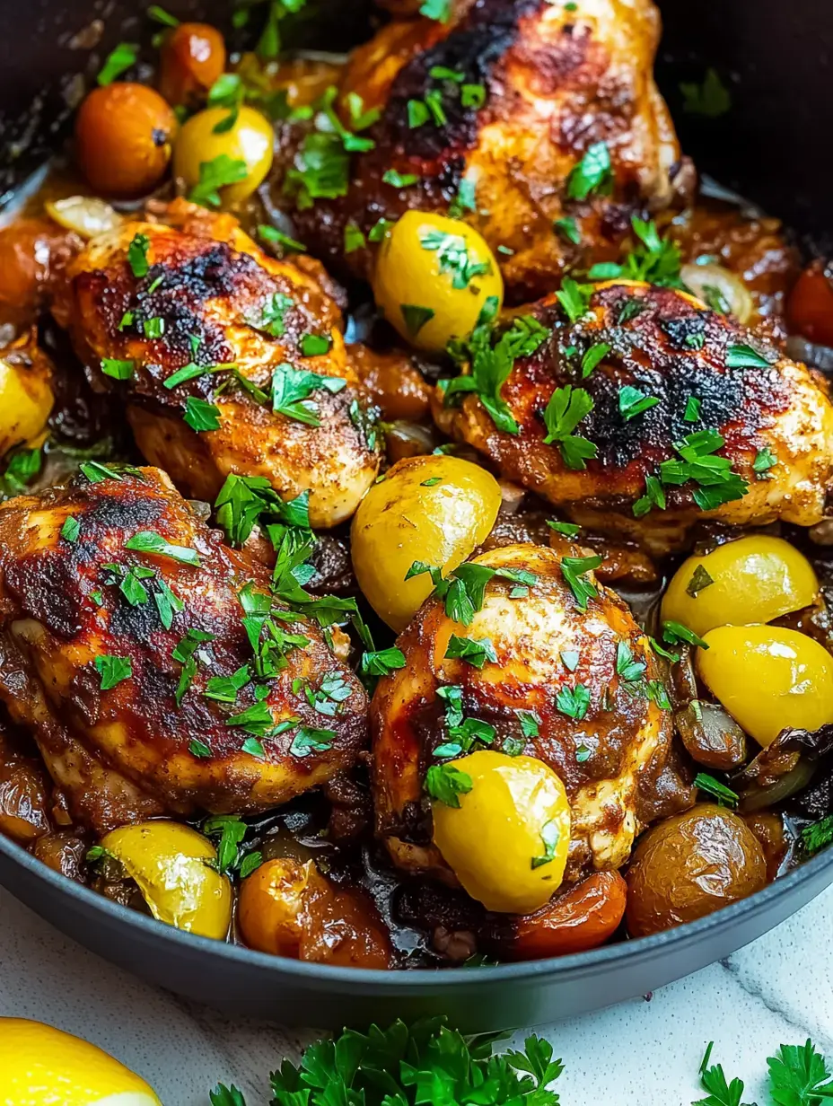 Primer plano de muslos de pollo cocinados, terminados con perejil fresco y rodeados de verduras coloridas en una olla oscura con salsa.
