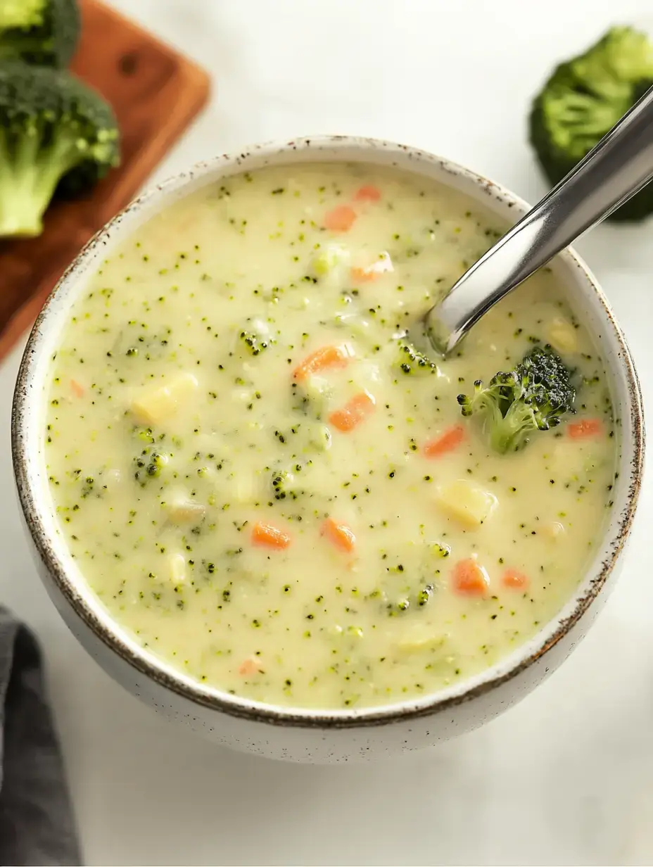 Un tazón de crema de brócoli y verduras con trocitos de patata y zanahoria, acompañado de brócoli fresco.