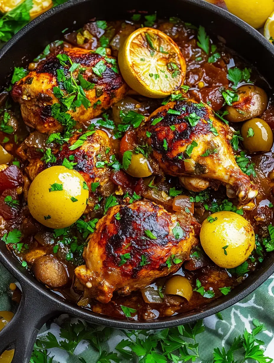 Plato con trozos de pollo asados, decorados con perejil, aceitunas, rodajas de limón y papitas en una salsa deliciosa.