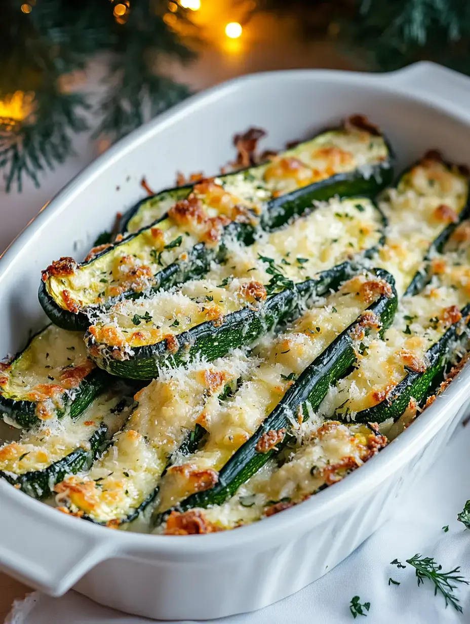 Una fuente con barquitas de calabacín doradas y cubiertas de queso, hierbas y pan rallado.