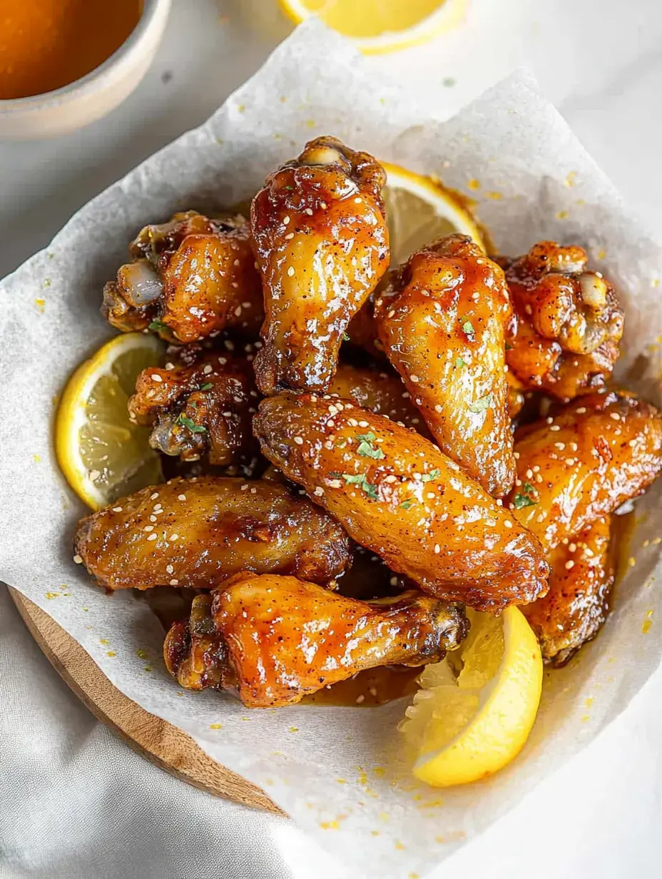 Un primer plano de alitas de pollo glaseadas adornadas con semillas de sésamo y rodajas de limón fresco sobre papel de horno.