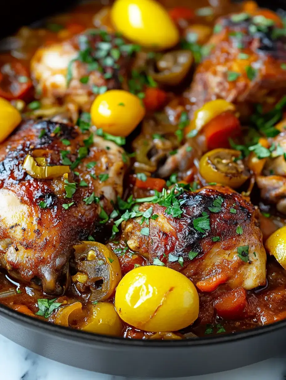 Primer plano de plato de pollo bien jugoso, cocido con tomates, tomatitos amarillos, aceitunas verdes y adornado con perejil fresco.