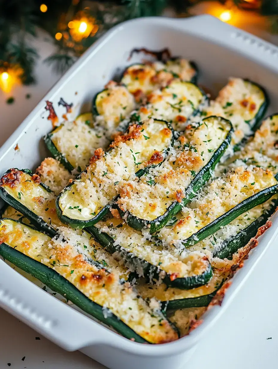 Un plato de calabacines horneados con pan rallado dorado y hierbas en una cazuela blanca.