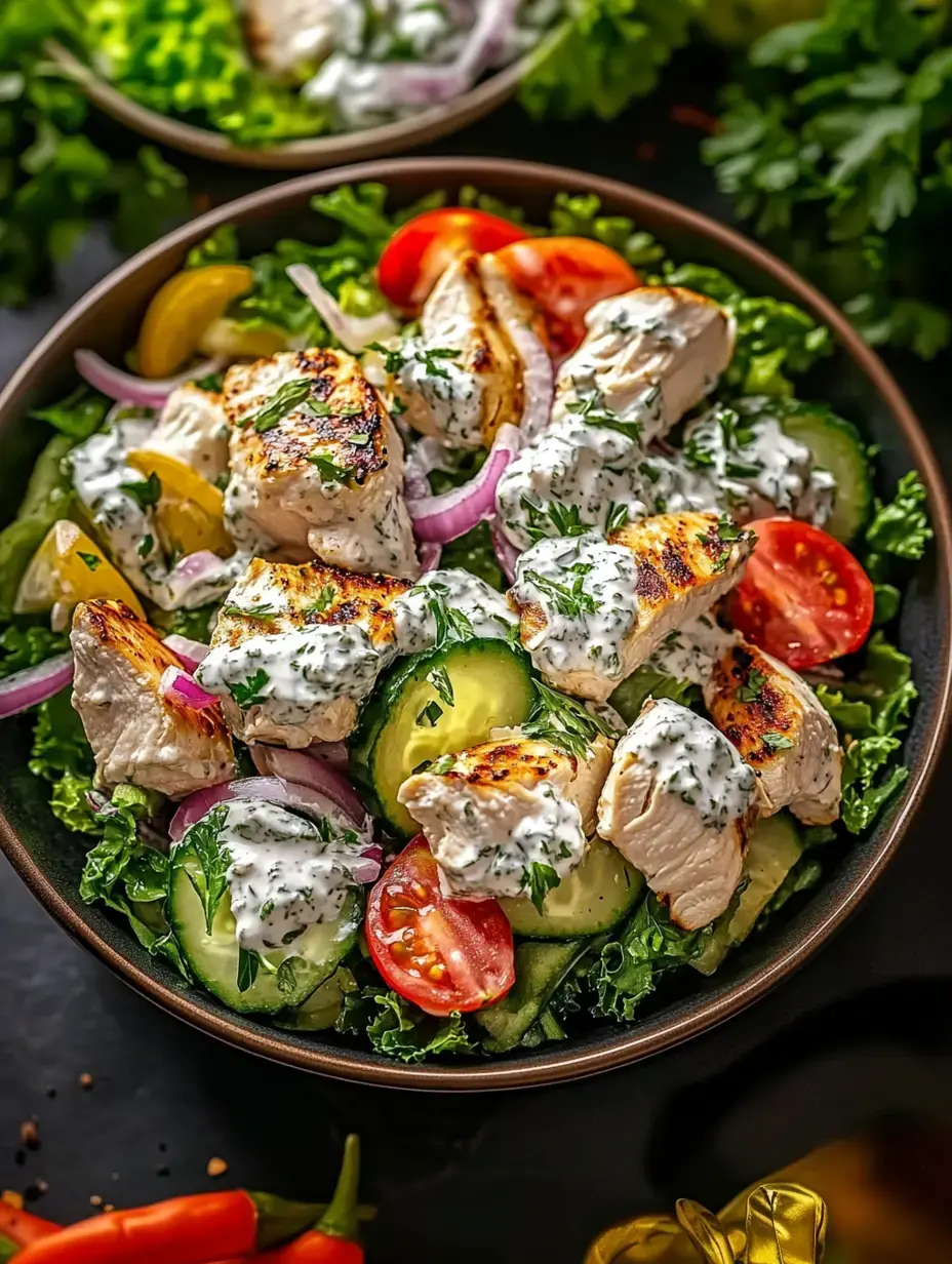 Una ensalada colorida con trozos de pollo a la parrilla, pepino, tomates cherry, cebolla morada y un aderezo de hierbas cremoso sobre hojas verdes.