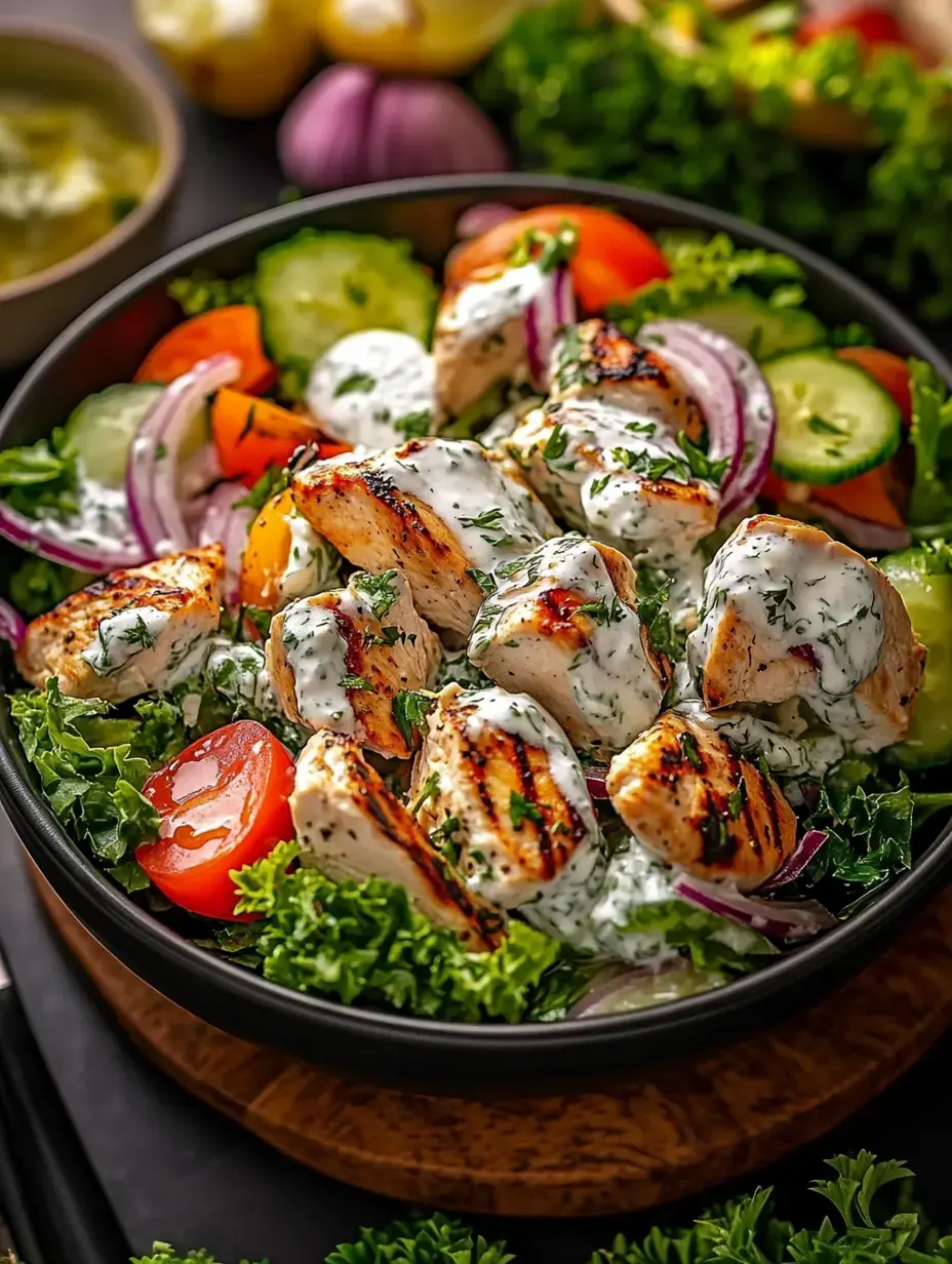 Una ensalada vibrante con pollo a la parrilla, verduras frescas y aderezo cremoso servida en un bowl oscuro.
