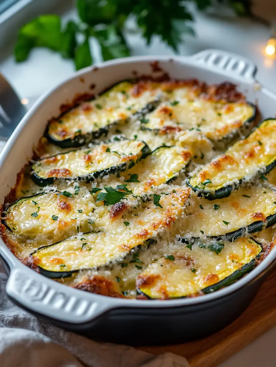 Un plato de rodajas de calabacín horneadas con queso fundido y decoradas con perejil.
