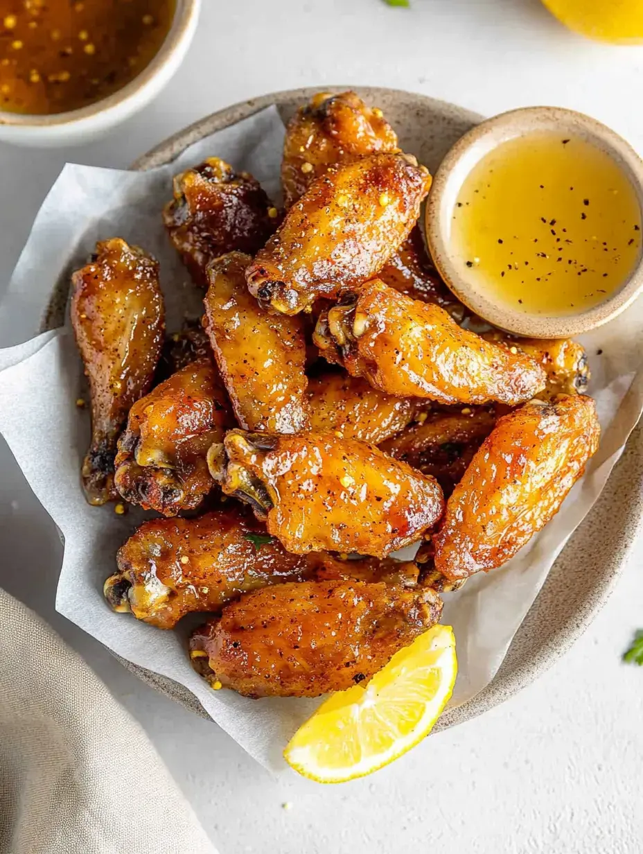 Un plato de jugosas alitas de pollo glaseadas adornado con una rodaja de limón, acompañado de un pequeño bol de salsa para mojar.