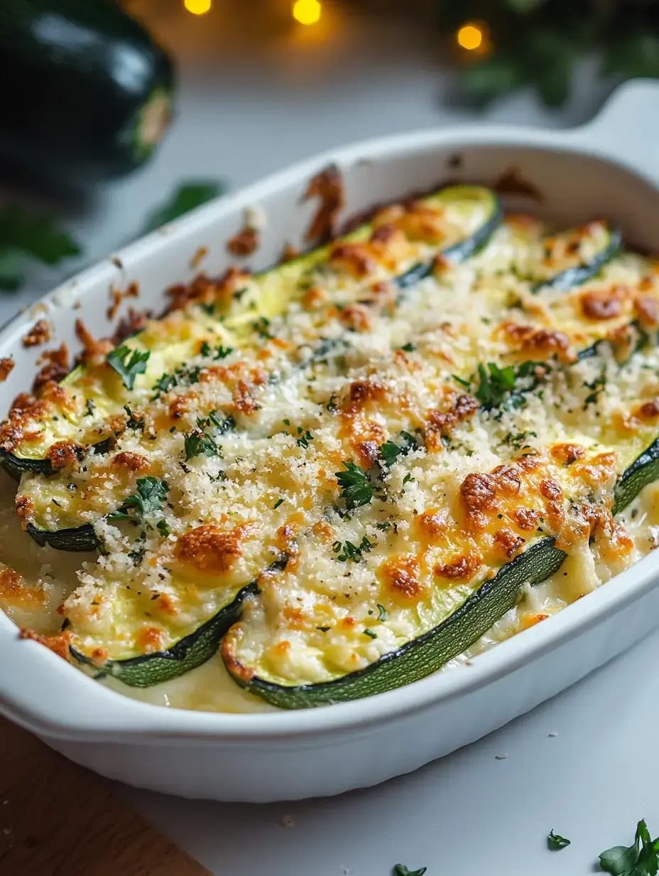 Una cazuela de calabacín horneado cubierto con queso dorado y pan rallado, adornado con perejil fresco.
