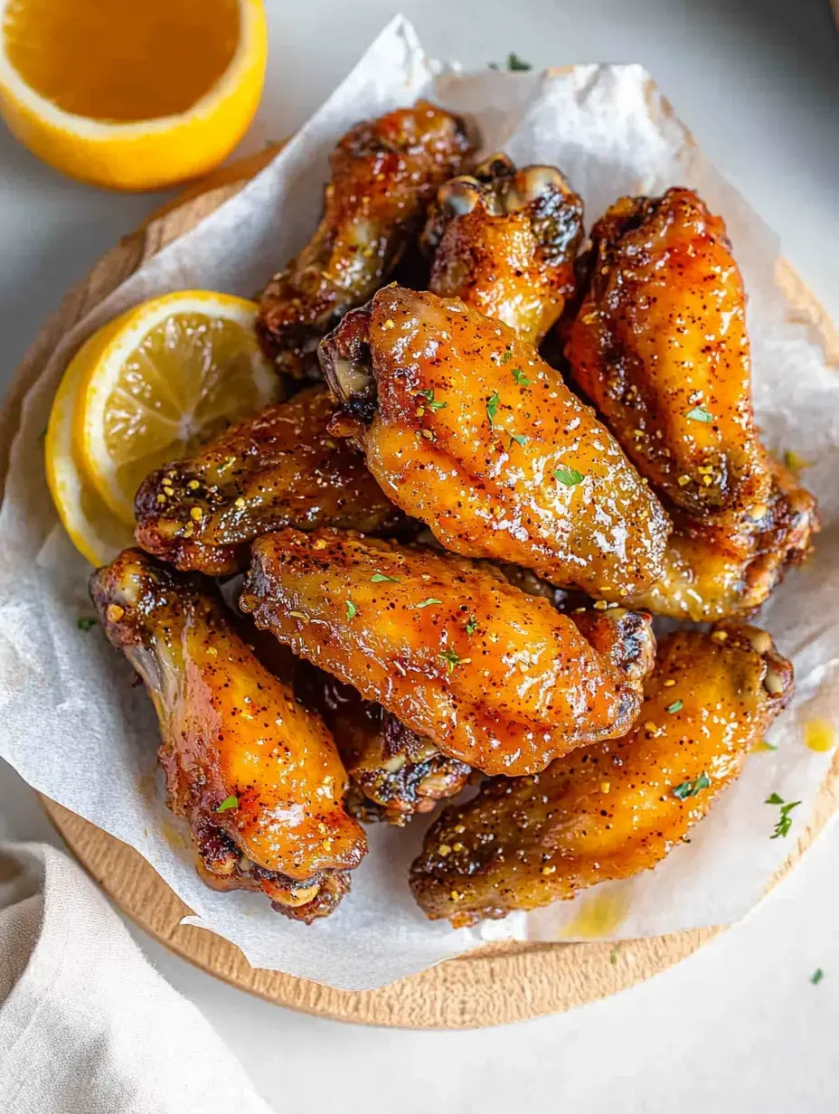 Un plato de alitas de pollo glaseadas adornadas con hierbas, acompañadas de rodajas de limón.