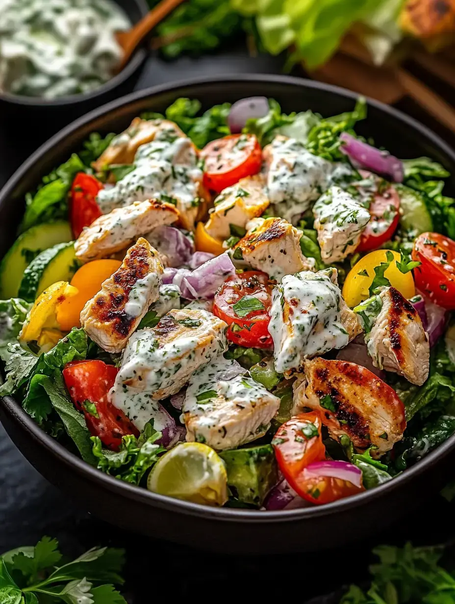 Una ensalada vibrante con pollo a la parrilla, hojas verdes variadas, tomates cherry, pepino y aderezo cremoso de hierbas.