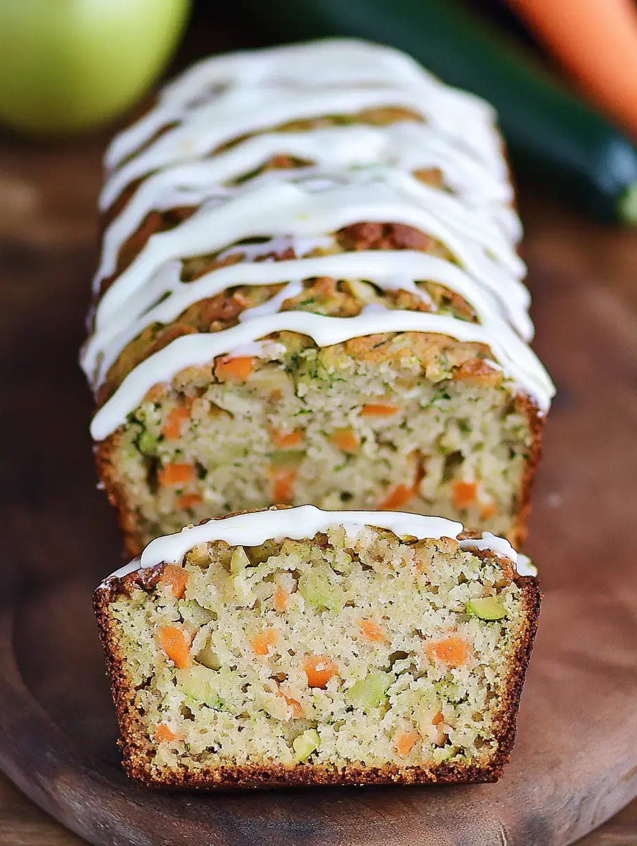 Un pan de verduras cortado en rebanadas con glaseado blanco por encima, mostrando trozos coloridos de zanahorias y calabacín en su interior.