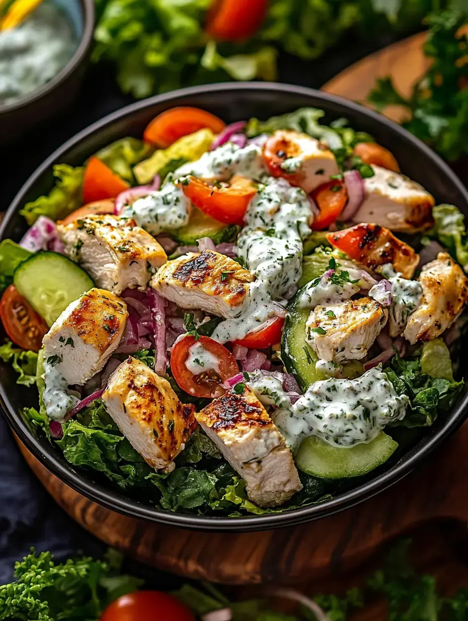 Una ensalada colorida con pollo a la parrilla, tomates cherry, pepino y aderezo cremoso servida en un bowl oscuro.