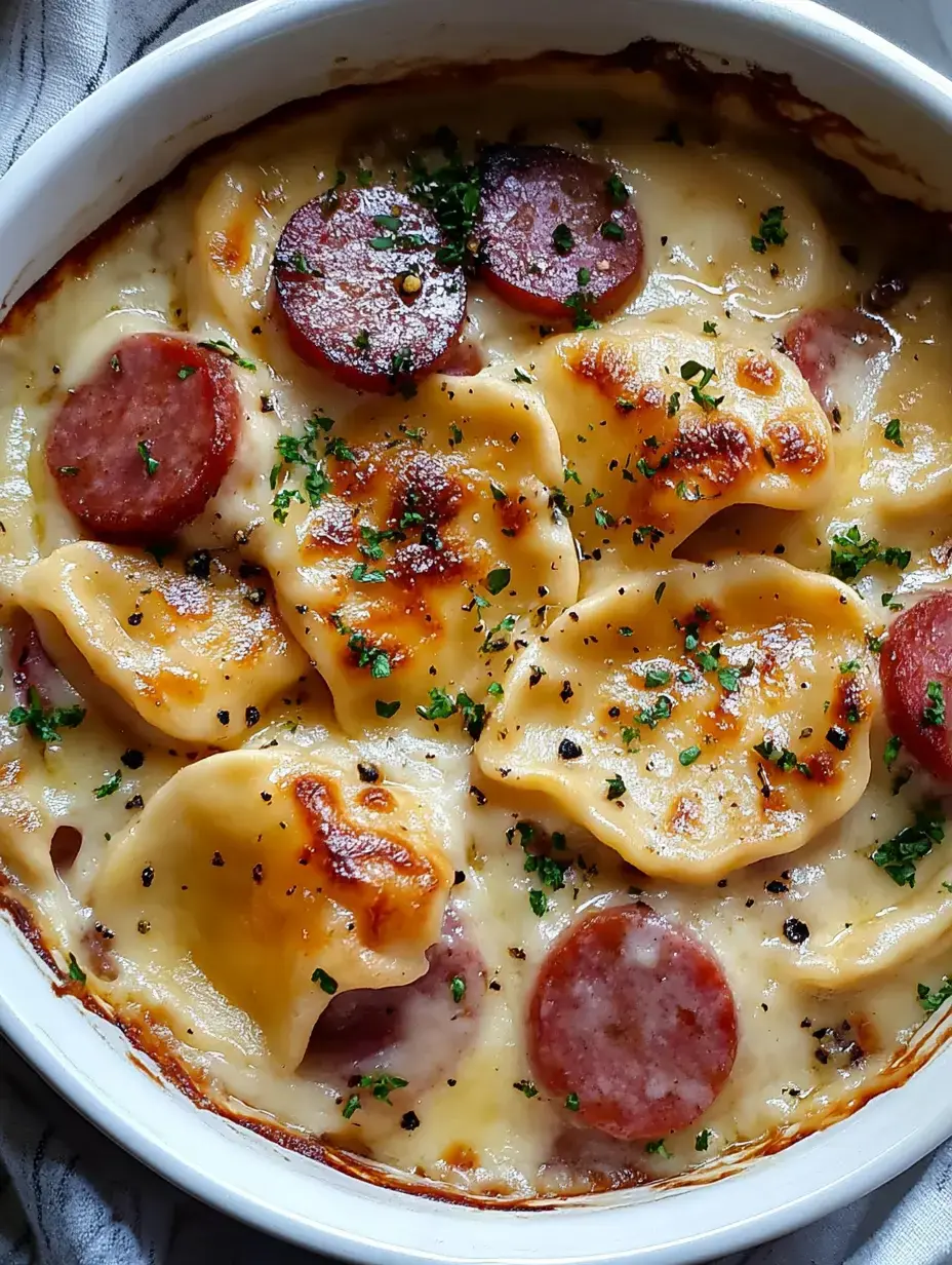 Plato horneado con pasta rellena de queso, embutido frito en rodajas, decorado con hierbas y costra dorada.