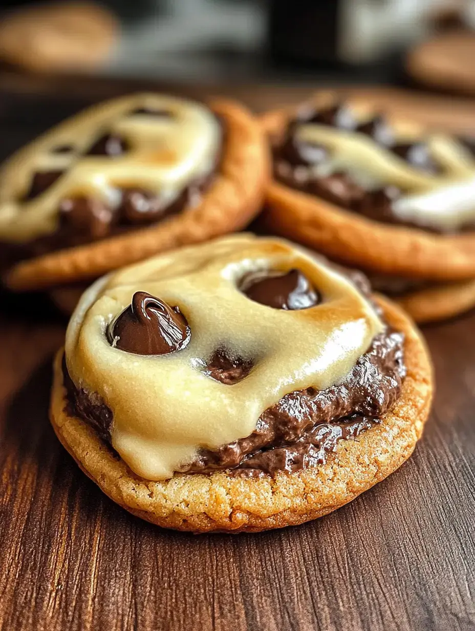 Tres galletas con un toque de chocolate por encima y glaseado cremoso, sobre una tabla de madera.
