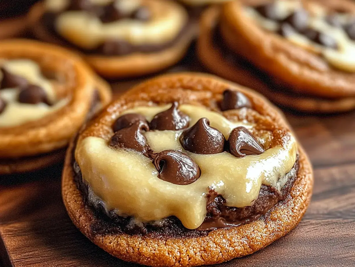 Galletas de cerca con relleno cremoso y chispas de chocolate sobre madera.