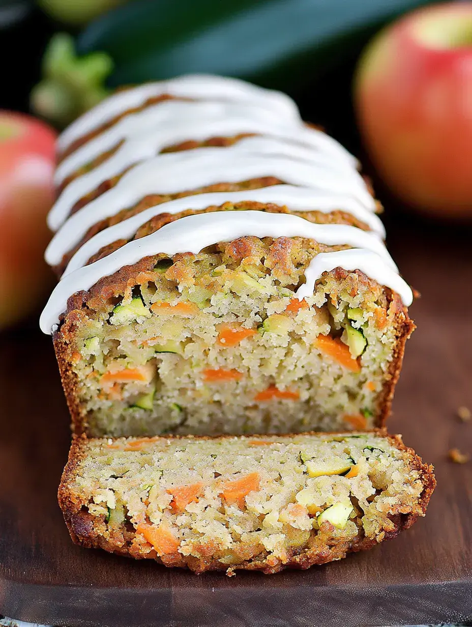 Un pan de calabacín cortado en rebanadas para revelar su interior jugoso y colorido con trozos de zanahorias y calabacín, cubierto con un glaseado blanco, con manzanas frescas y calabacín de fondo.