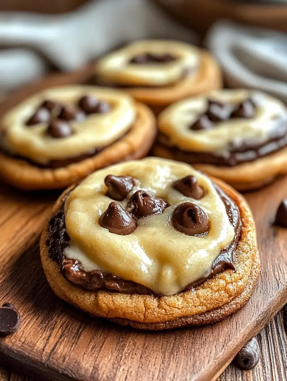 Galletas recién horneadas con chocolate y glaseado de queso crema sobre tabla de madera.