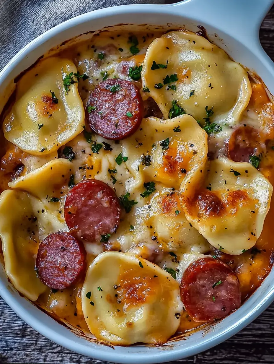 Plato horneado y cremoso con pasta rellena de queso, rodajas de chorizo y perejil por encima.