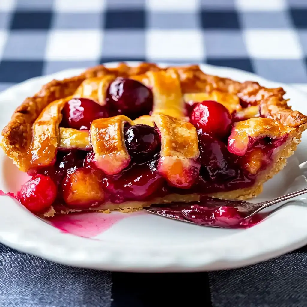 Una porción de tarta de frutos en plato blanco, con relleno brillante y costra trenzada sobre mantel de cuadros.
