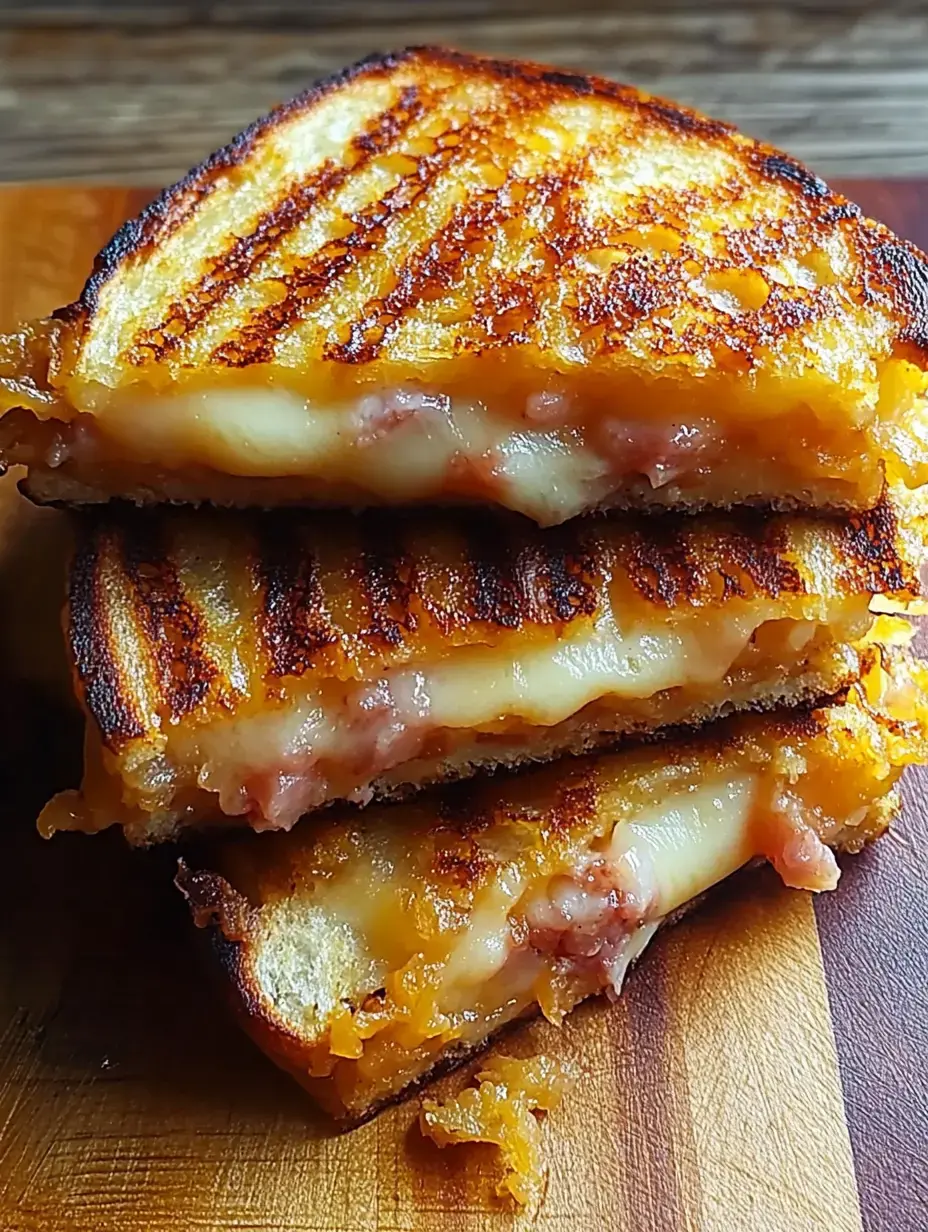 Tres sándwiches tostados dorados apilados sobre una tabla de madera, chorreando un poco de queso fundido y jamón.