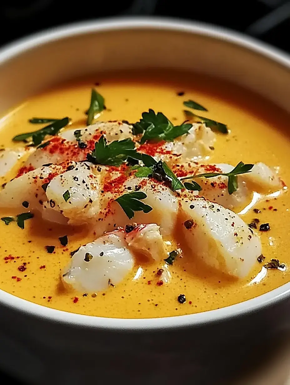 Un plato de sopa cremosa con mariscos, espolvoreado con pimentón y perejil fresco.