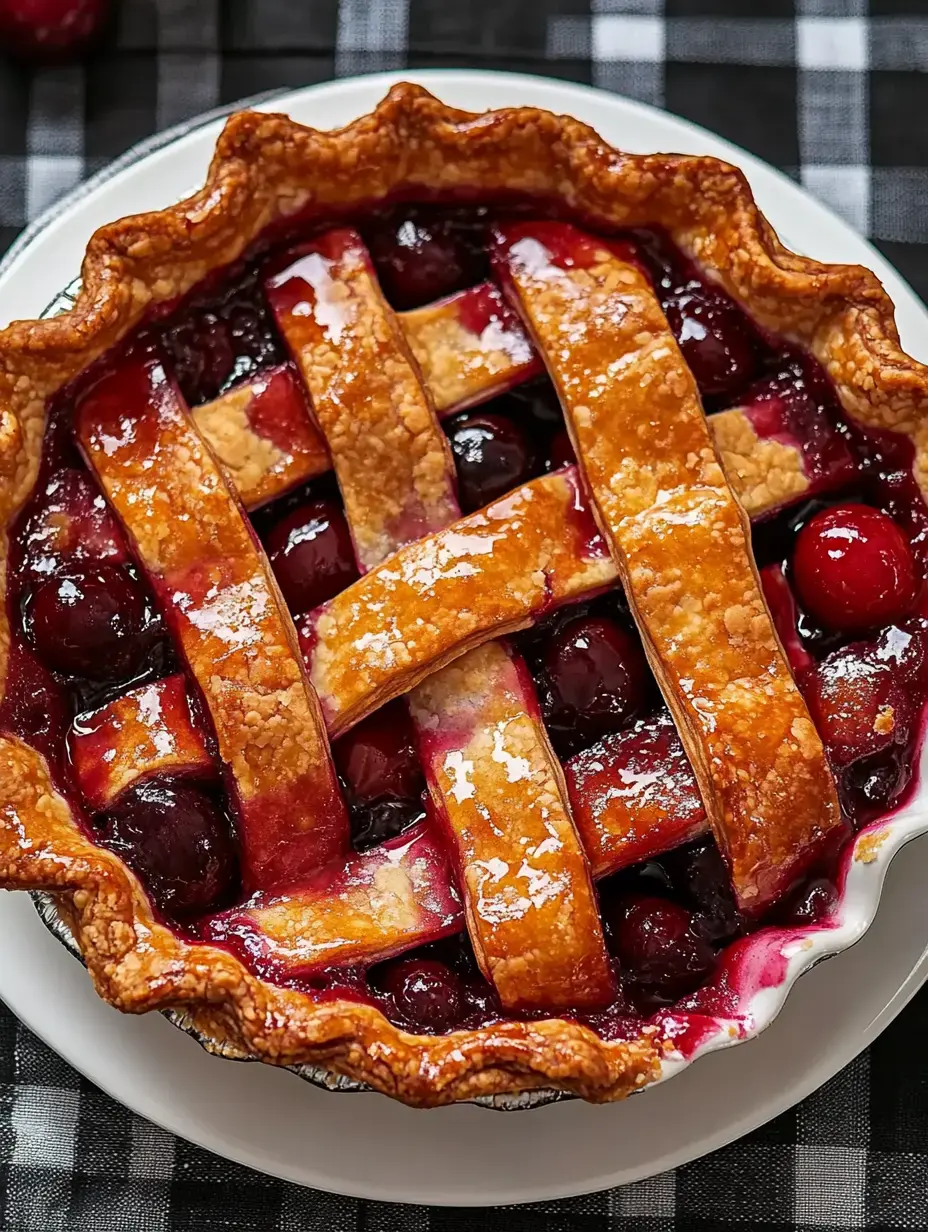 Tarta de costra trenzada y relleno de cereza oscura, dorada y servida en plato blanco con fondo a cuadros.