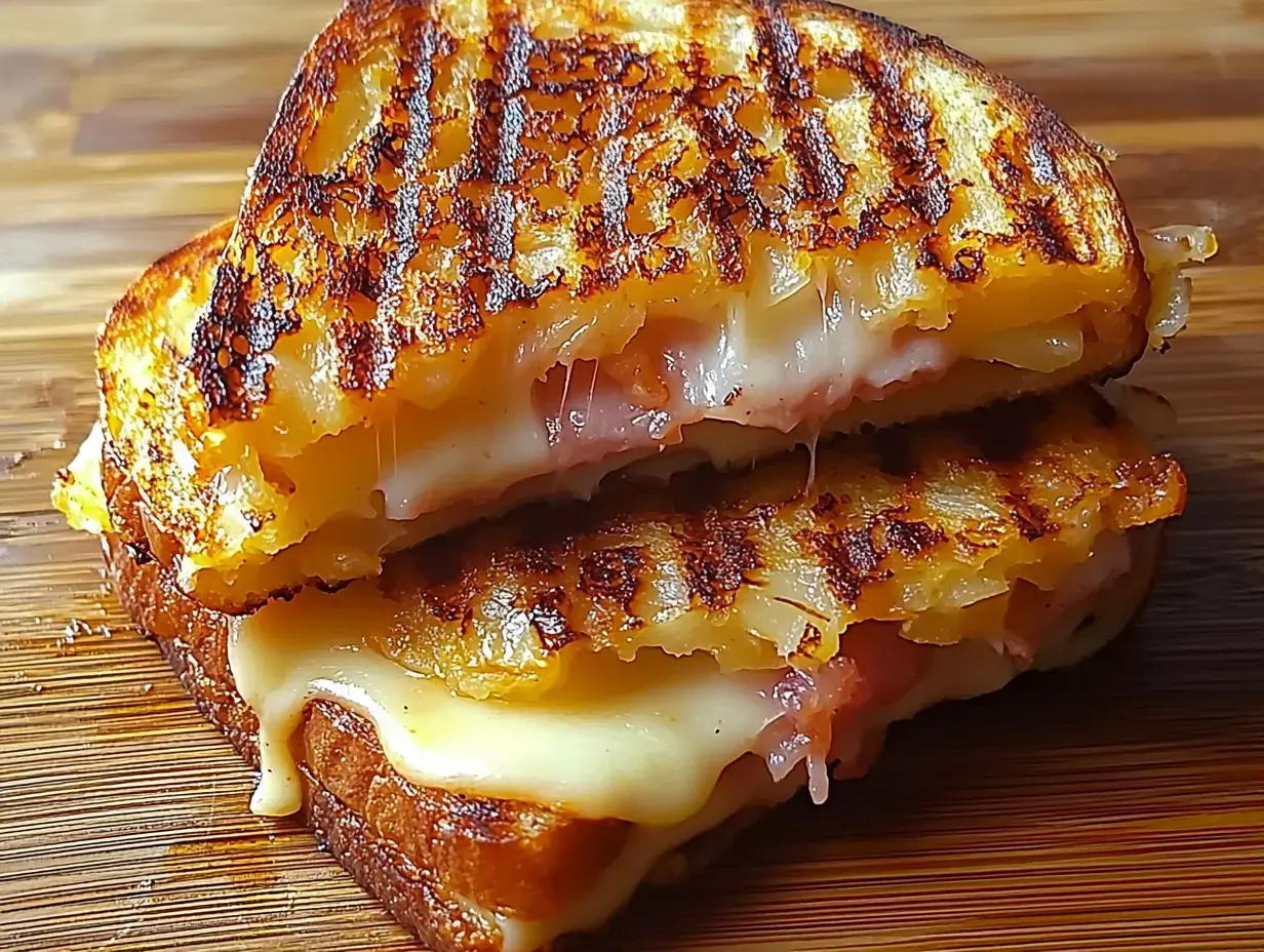 Un sándwich tostado con queso y jamón fundidos, apilado sobre una base de madera.
