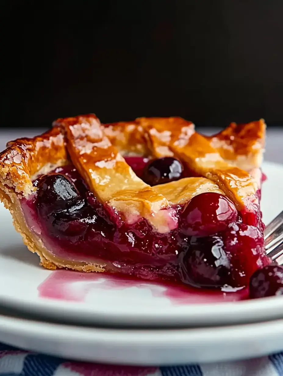 Porción de tarta de frutos con costra dorada y brillante relleno oscuro en plato blanco.