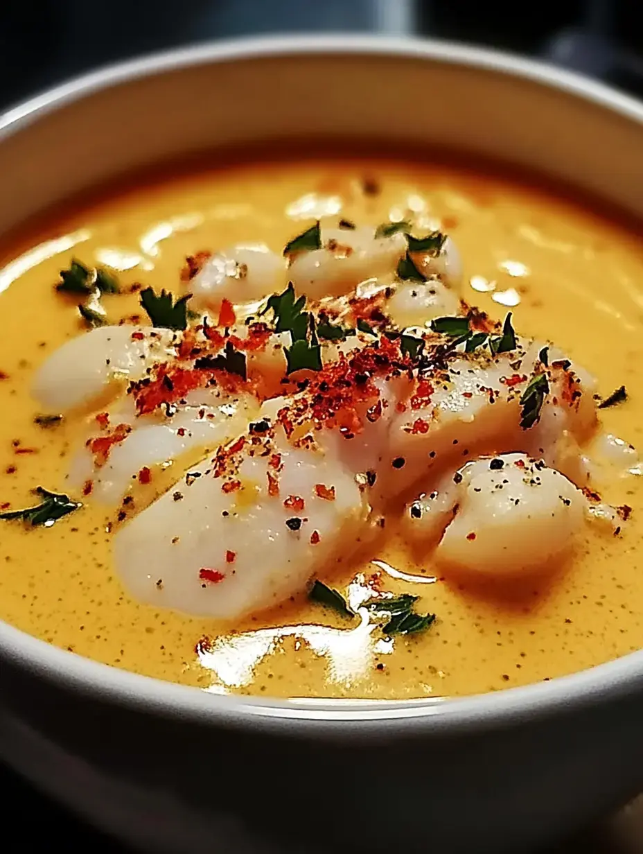 Sopa cremosa decorada con mariscos suaves, hierbas frescas y especias.