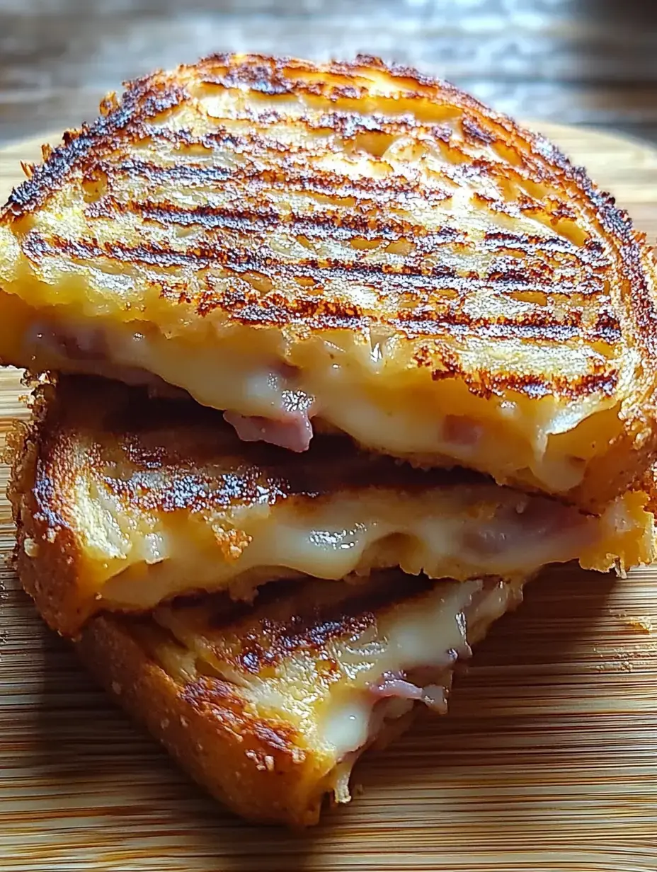 Tres sándwiches de queso asado apilados en una tabla, mostrando el interior dorado, crujiente, con queso y jamón derretidos.