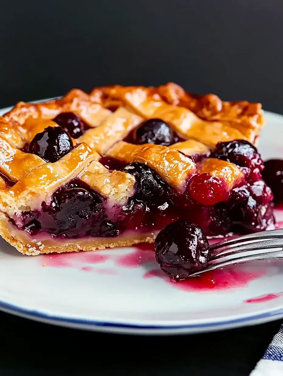 Tarta de frutos con costra trenzada dorada y relleno morado en plato blanco, con algunos frutos sueltos.