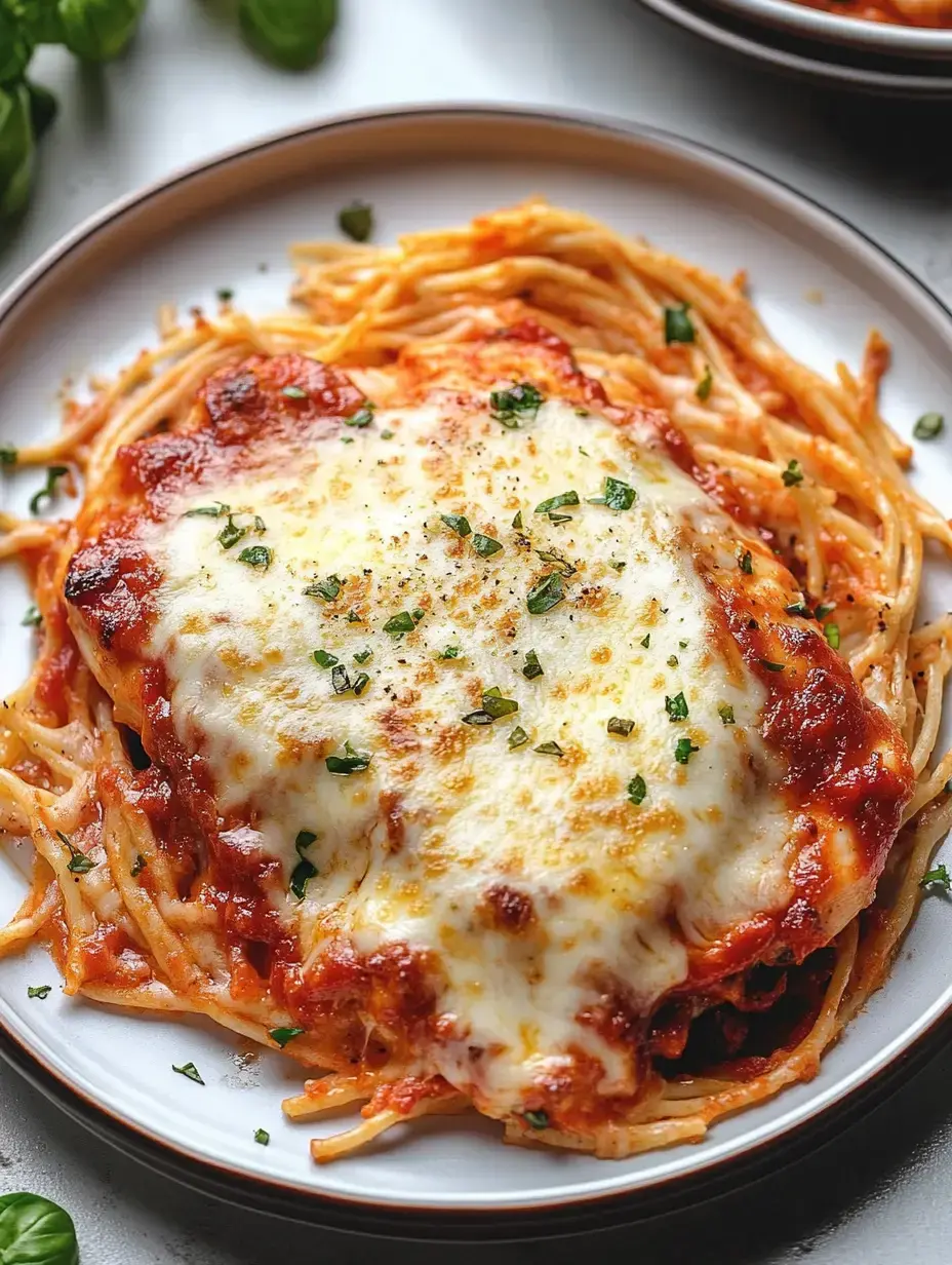 Un plato de espaguetis con salsa marinara y queso fundido, decorado con hierbas frescas.