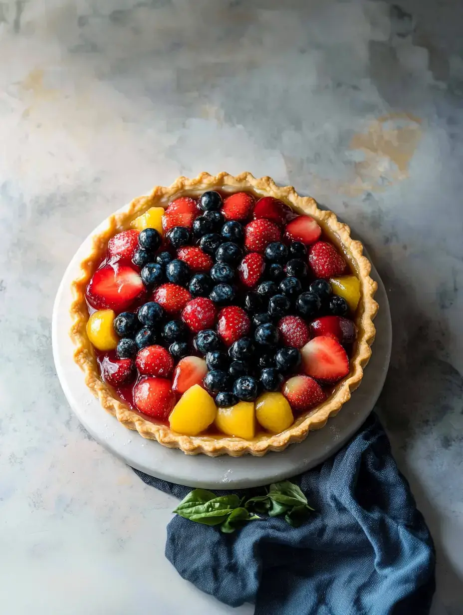 Una tarta de frutas colorida cubierta con fresas, arándanos y duraznos sobre un plato blanco al lado de una servilleta azul oscuro.