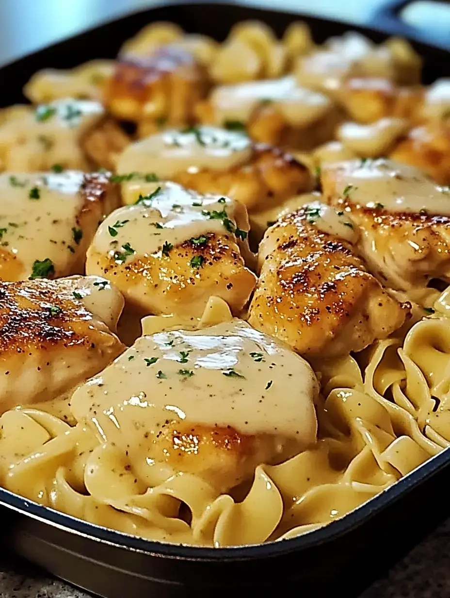 Pollo cocido cubierto de salsa cremosa servido sobre fideos de huevo en sartén.