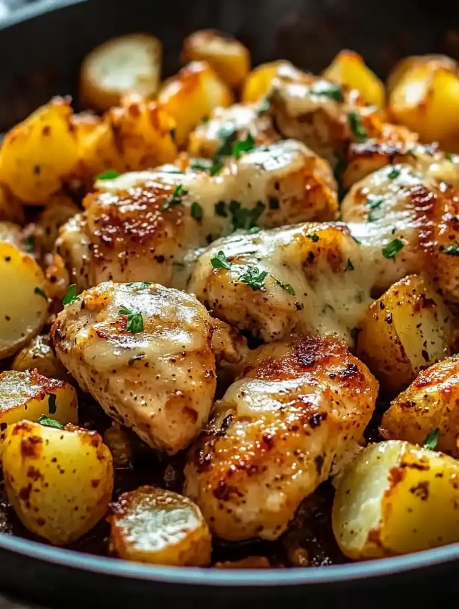 Vista de cerca de una sartén llena de trozos de pollo y patatas doradas, cubierto con hierbas frescas.