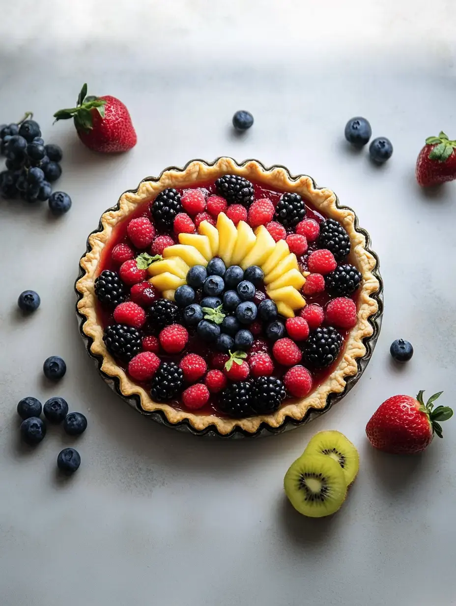Una tarta de frutas colorida cubierta con fresas, arándanos, frambuesas, moras y mango en rodajas sobre una superficie clara con frutas alrededor.