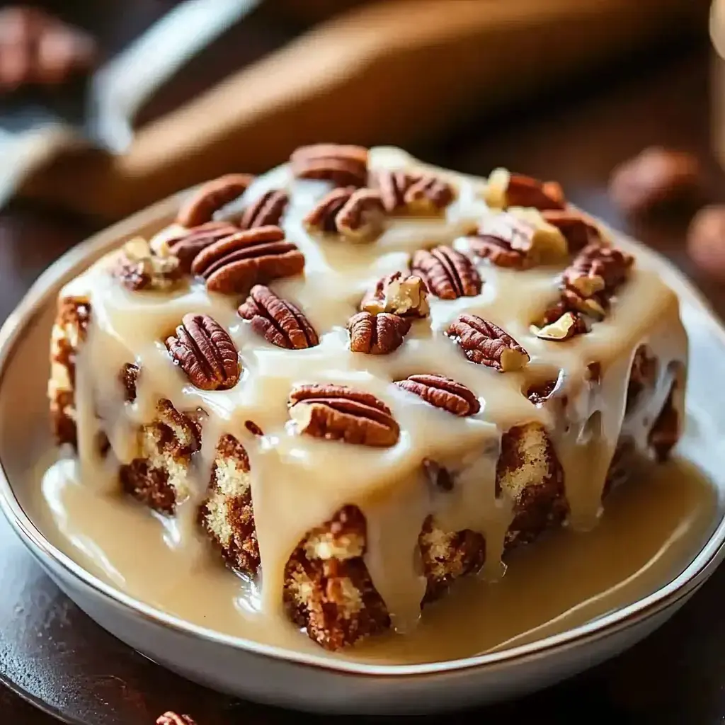 Una rebanada de pastel con glaseado cremoso y nueces servida en un plato.