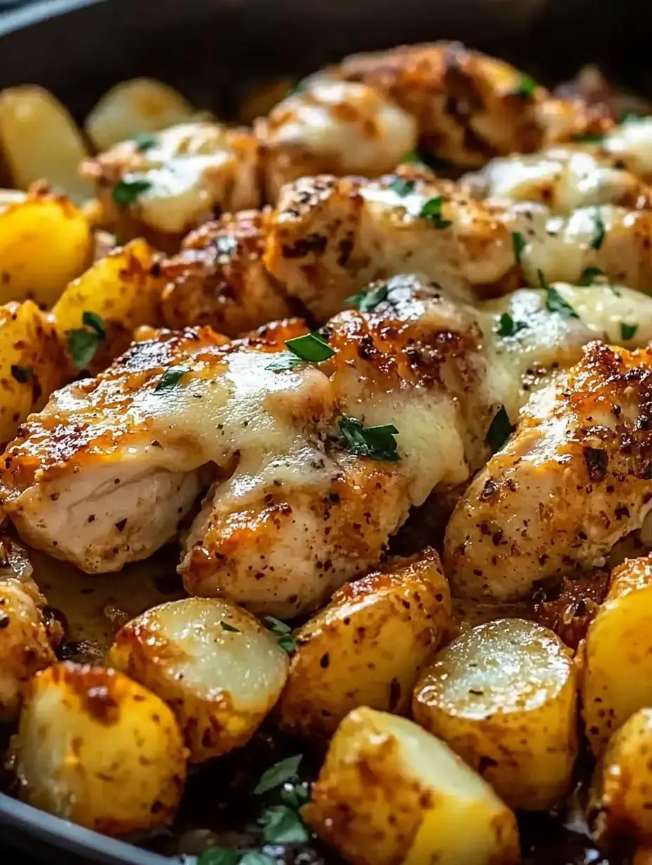 Vista de cerca de pechugas de pollo al horno con queso fundido y patatas doradas, cubiertas con perejil fresco.
