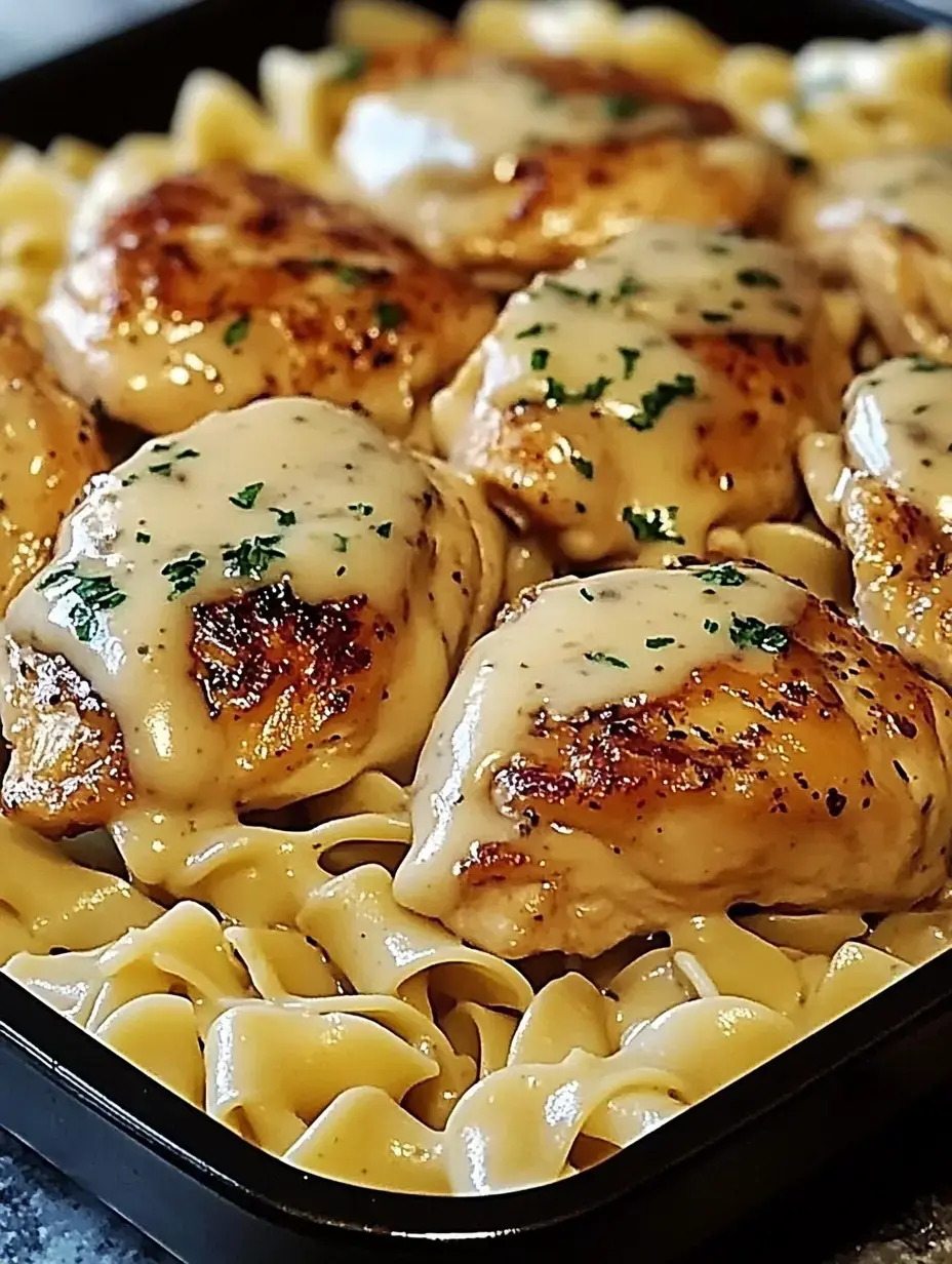 Muslos de pollo dorados con salsa cremosa sobre fideos de huevo y perejil.
