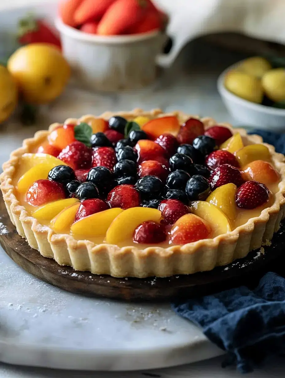 Una tarta de frutas ordenada y decorada con fresas, arándanos, duraznos y frambuesas en una tabla de madera.