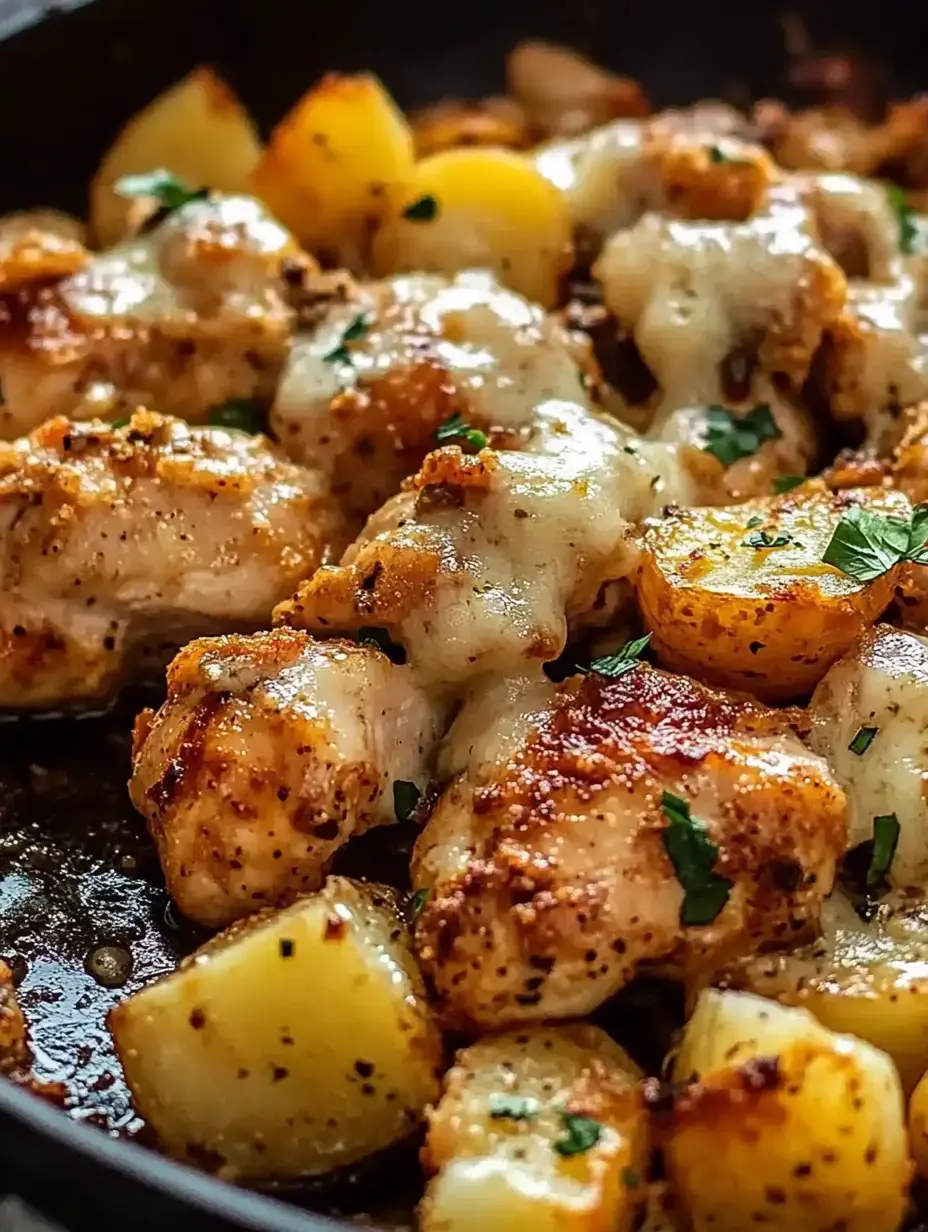 Vista de cerca de trozos de pollo con queso fundido y patatas doradas con perejil en sartén.