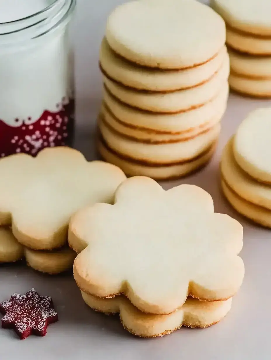 Un montón de galletas redondas y con forma de flor junto a un vaso de leche decorado con detalles rojos festivos.