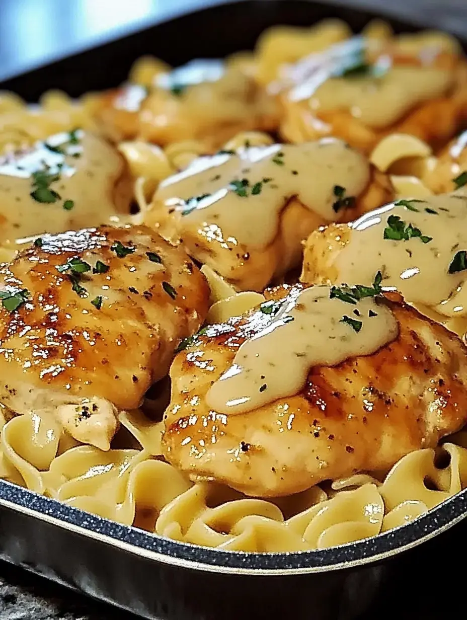Sartén con muslos de pollo cubiertos de salsa cremosa sobre fideos de huevo y perejil.