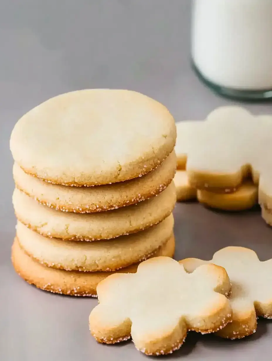 Una pila de galletas de azúcar redondas y varias en forma de flor sobre una mesa gris, con un vaso de leche al fondo.