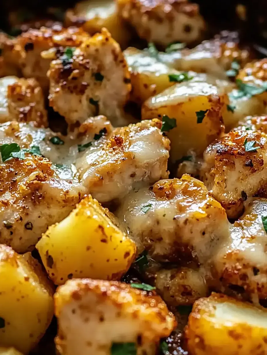 Trozo de pollo y patatas salteados, cubiertos de queso y hierbas frescas, bien doraditos.