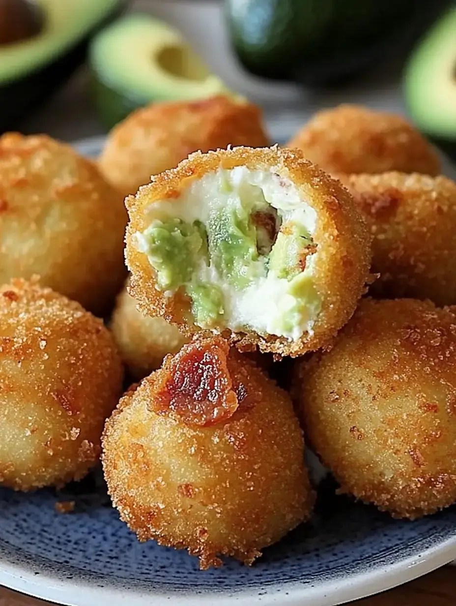 Un plato de bolitas doradas fritas rellenas de aguacate cremoso y queso, con una cortada por la mitad mostrando su interior verde.
