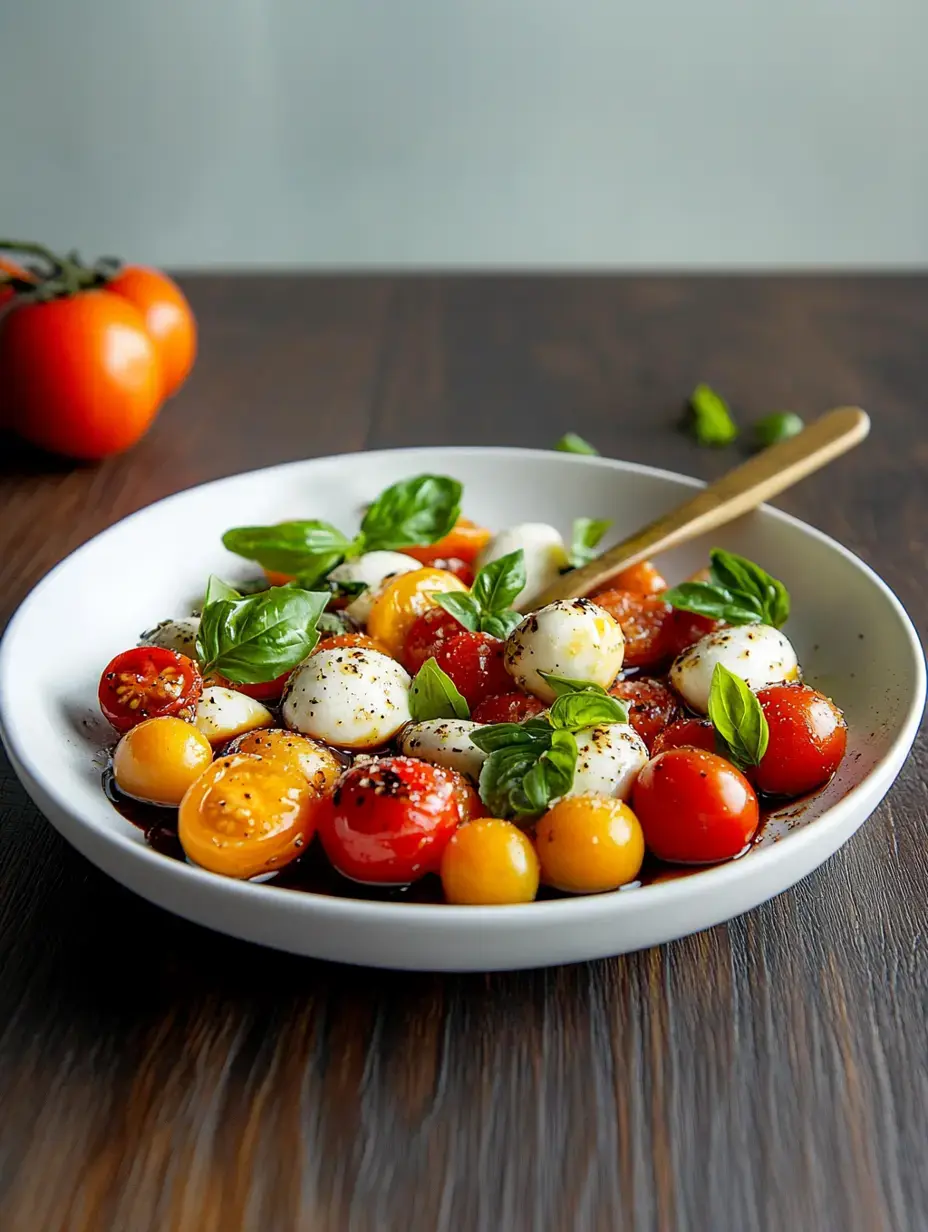 Un bol blanco lleno de tomatitos de colores, bolitas de mozzarella fresca y hojas de albahaca bañadas en balsámico, con una cuchara de madera y tomatitos al fondo.