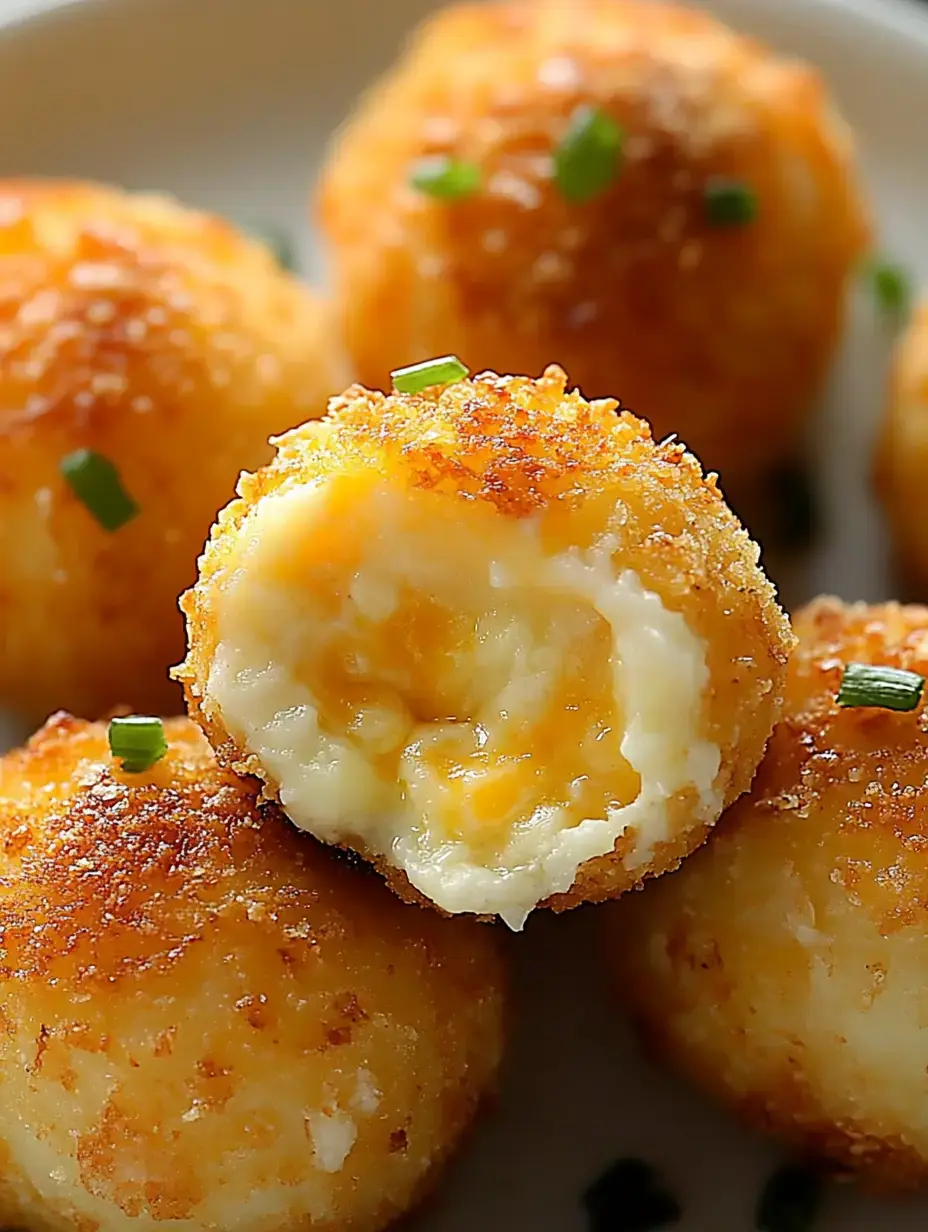 Cerca de unas bolitas doradas y crujientes rellenas de queso, decoradas con cebollino en un plato blanco.