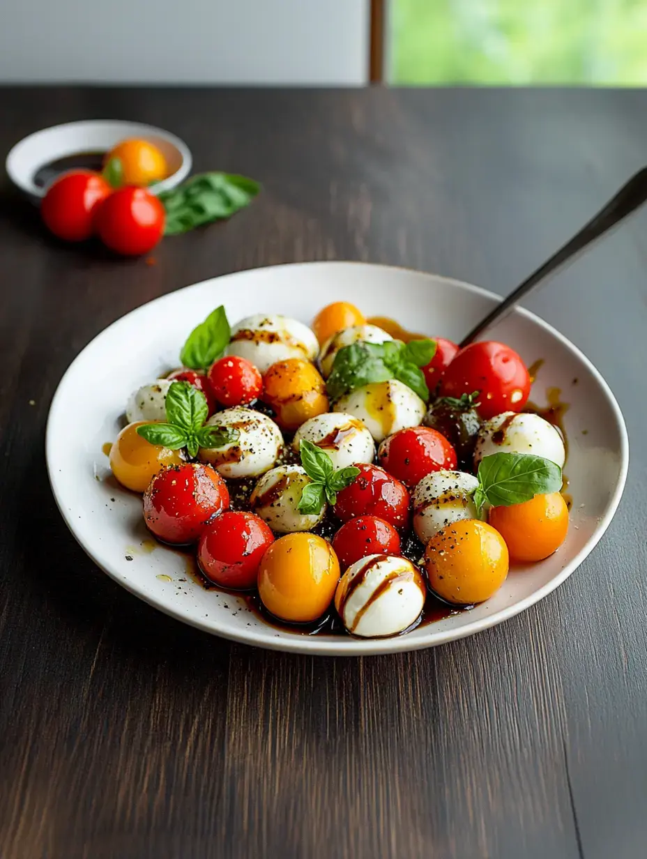 Un plato blanco con tomatitos de colores, bolitas de mozzarella y hojas de albahaca fresca con glaseado de balsámico sobre una mesa oscura.