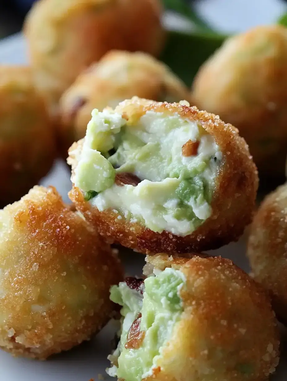 Un primer plano de bolitas fritas doradas rellenas de una crema verde, algunas mordidas para mostrar la textura interior.